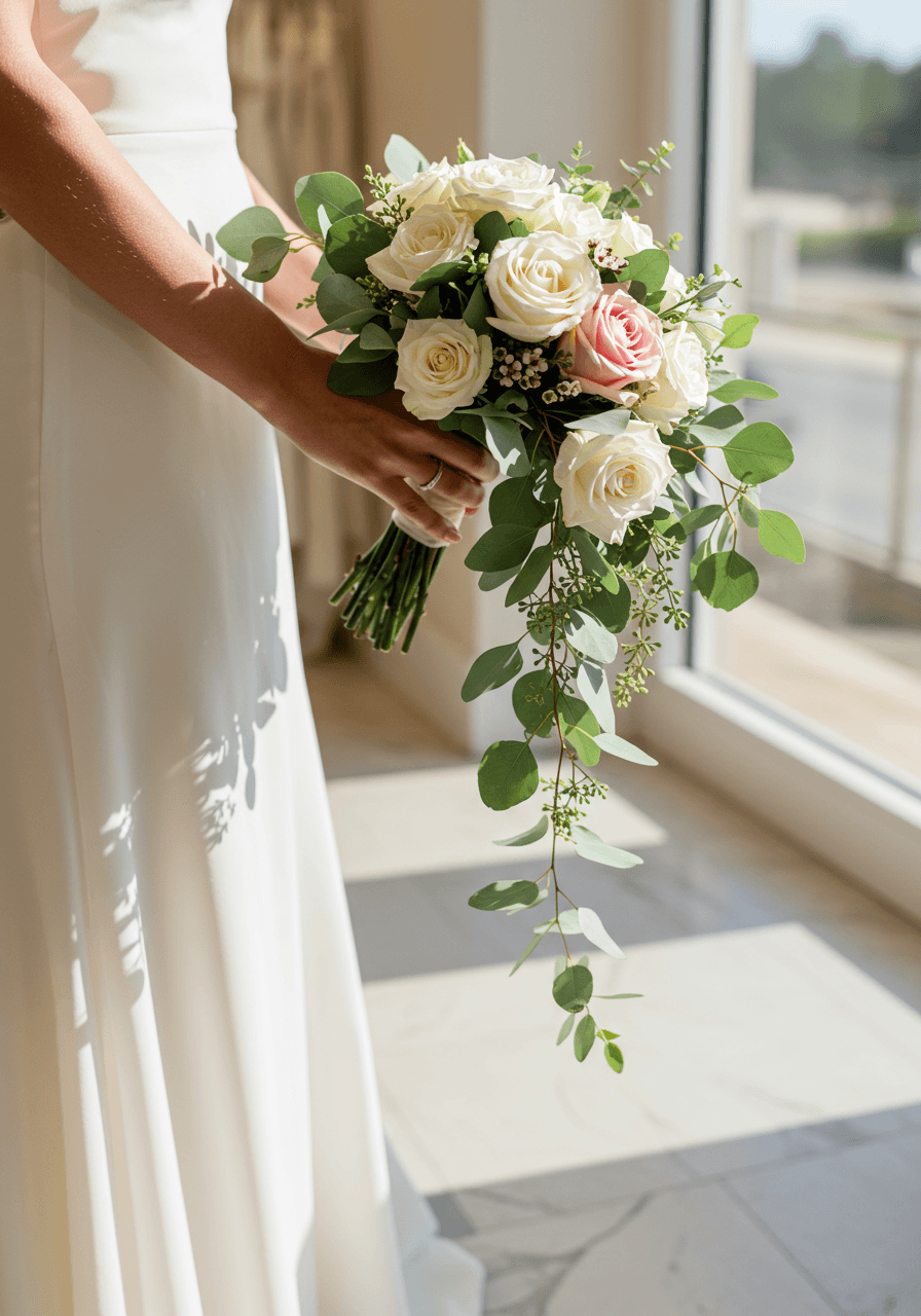 Bride's hand holding small asymmetrical white rose bouquet in upscale bridal boutique during golden hour sunlight