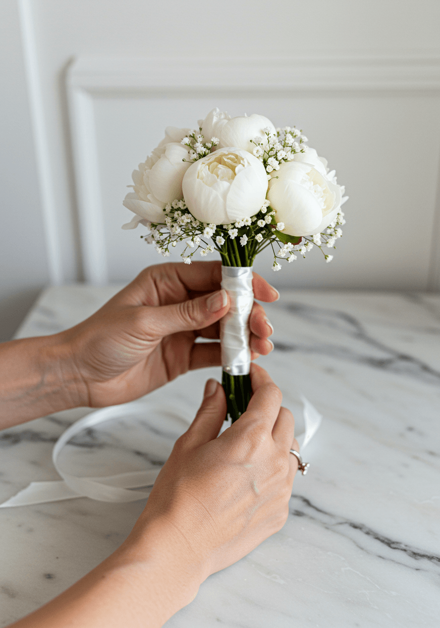 Close-up of graceful hands cradling compact white peony bouquet against pristine marble surface