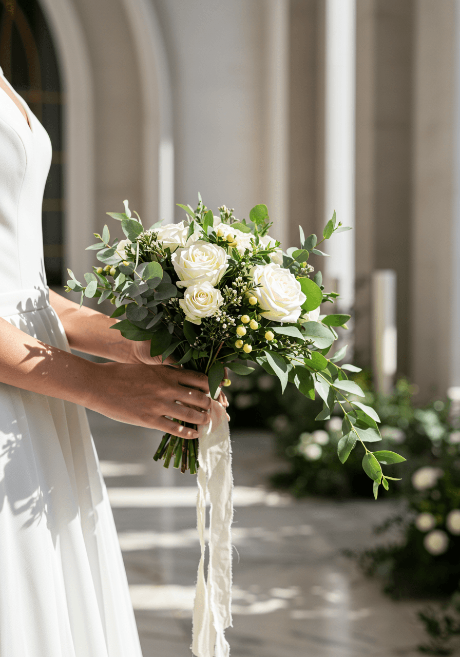 Close-up of hands holding small asymmetrical white rose and eucalyptus bouquet in minimalist modern chapel with clean lines