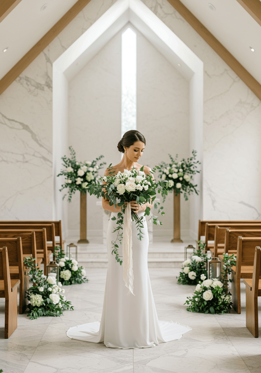 Detail shot of asymmetrical bridal bouquet against geometric architecture with natural window lighting