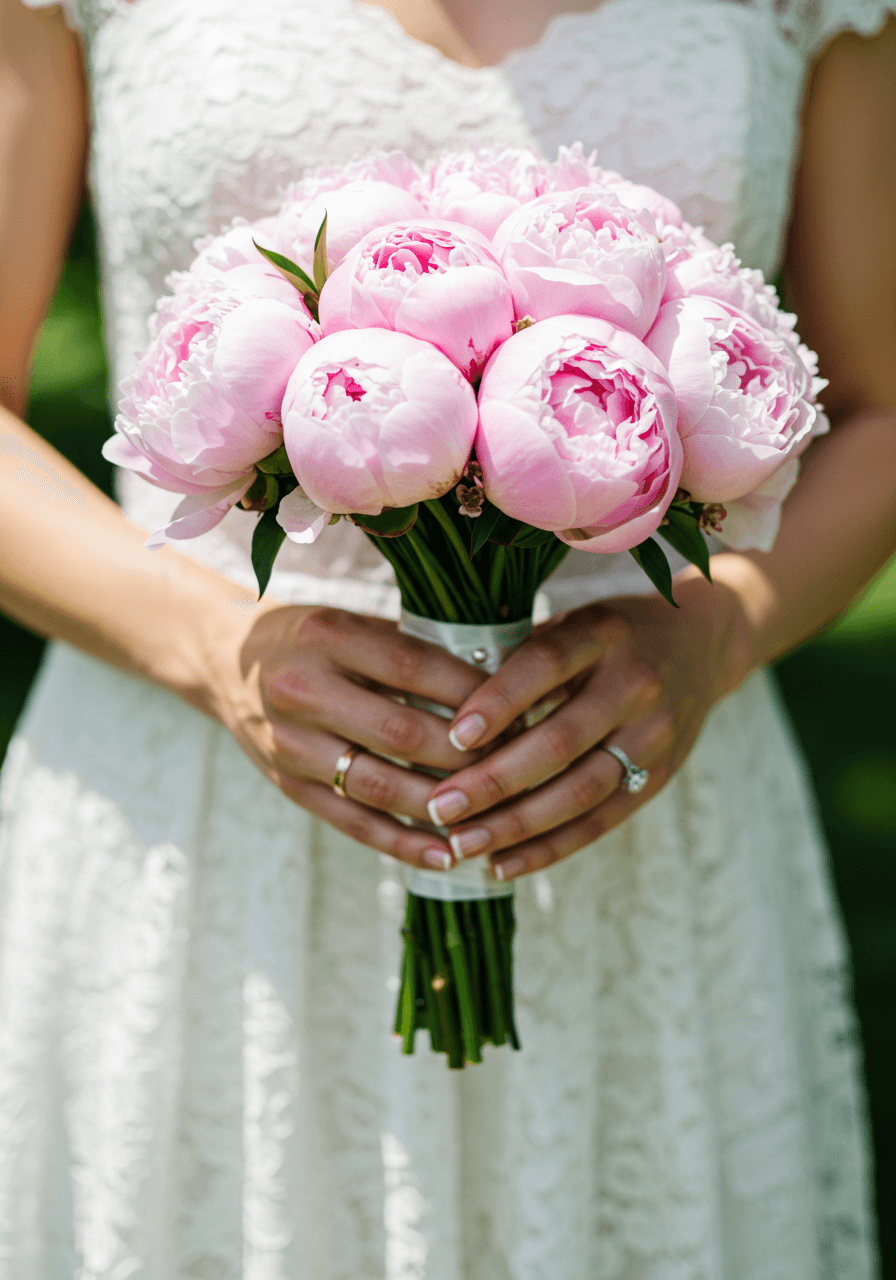 Close-up of hands holding compact round bouquet of soft pink peonies with white ribbon in sunlit garden pavilion