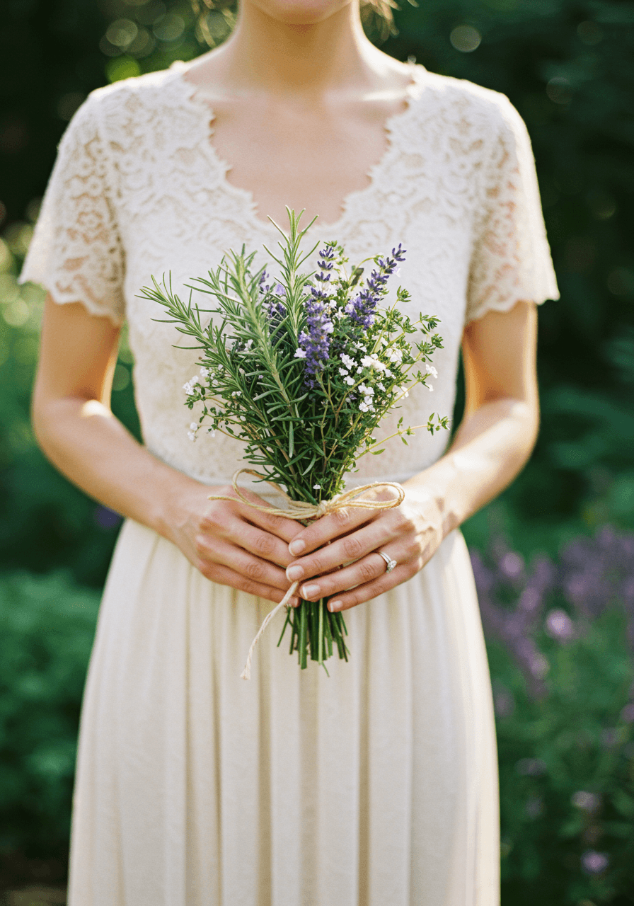 Bride holding small delicate bouquet of rosemary, lavender, and thyme tied with natural twine in sunlit herb garden