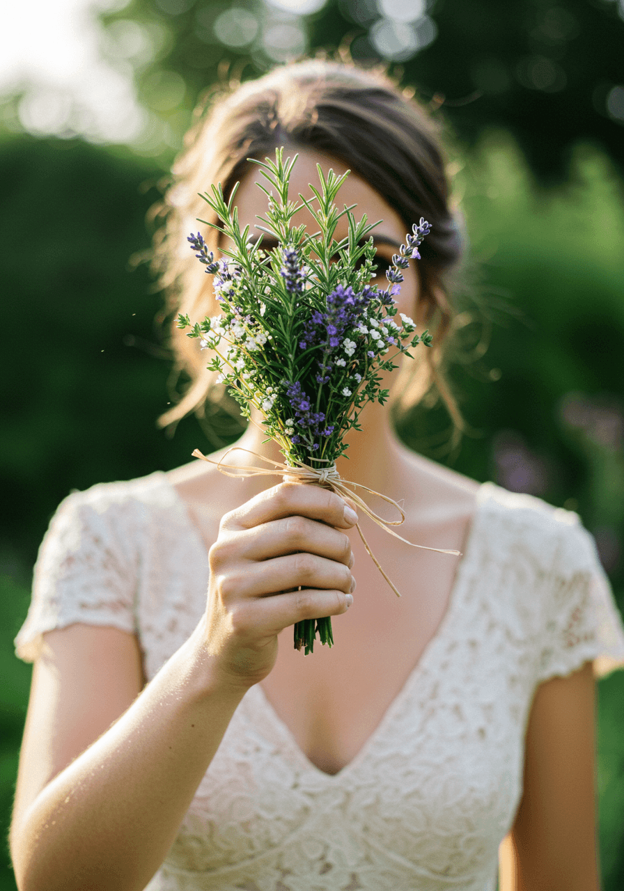 Three-quarter shot of bride with aromatic herb bouquet in garden setting during soft morning light