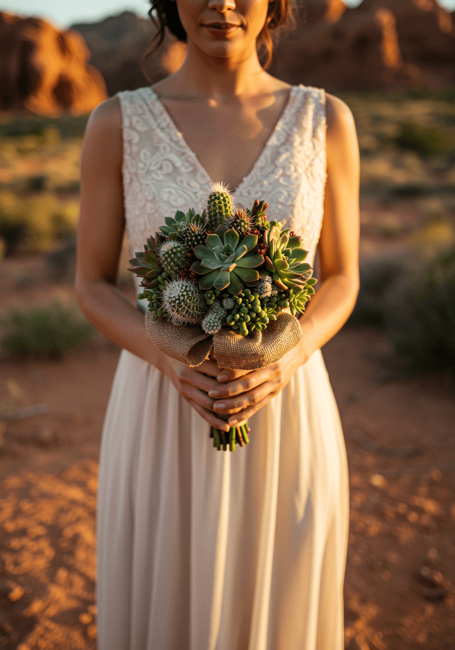 Bride in bohemian linen dress holding small round succulent bouquet wrapped in burlap against red rock desert landscape