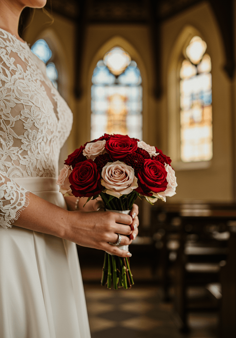 Three-quarter bridal portrait with small rose bouquet in historic chapel featuring coloured glass lighting
