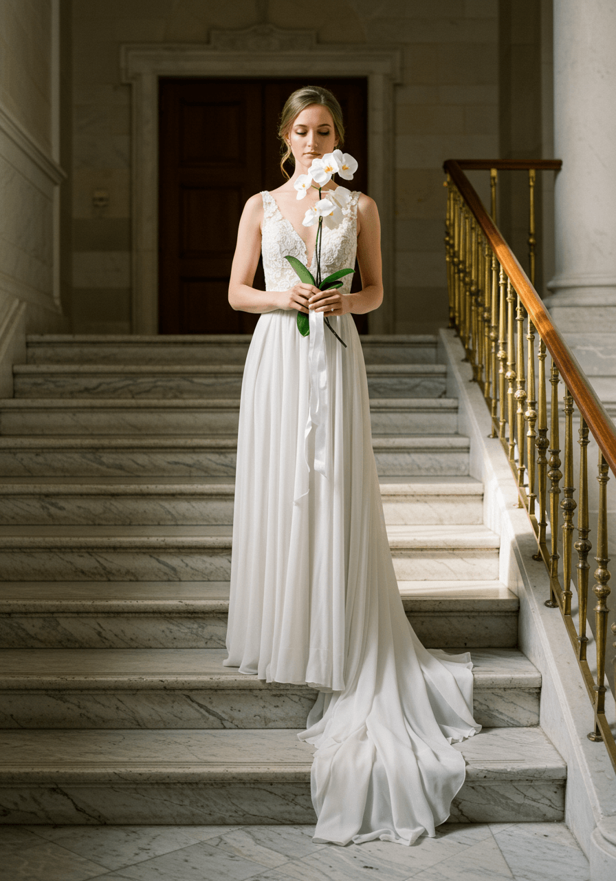 Bride in flowing chiffon gown holding single white orchid with cascading ribbon on grand marble staircase