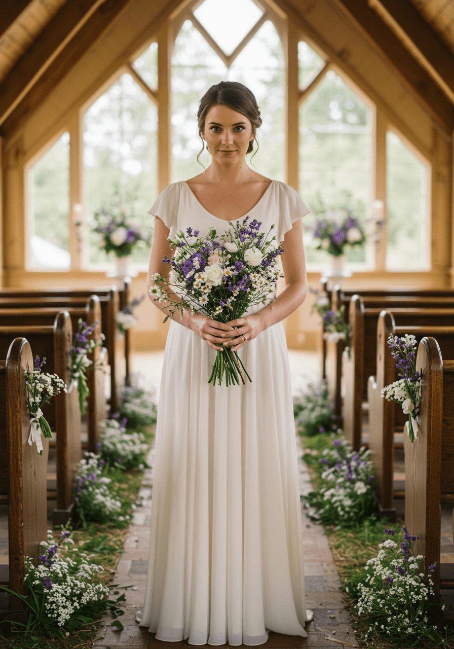Bride with delicate wildflower bouquet in white and lavender standing in sunlit meadow chapel during golden hour