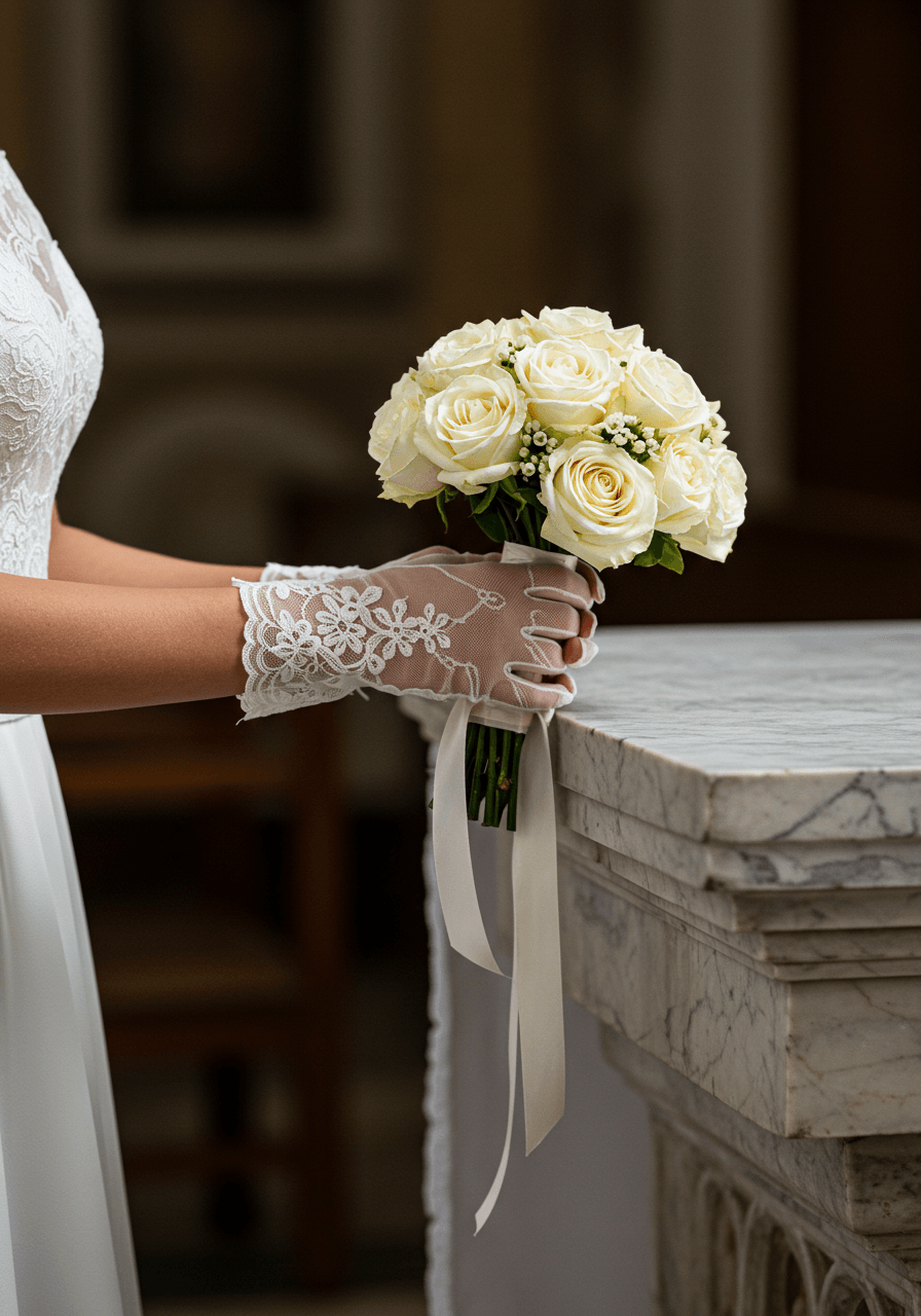 Close-up macro shot of garden roses with silk ribbon in historic church setting bathed in morning light
