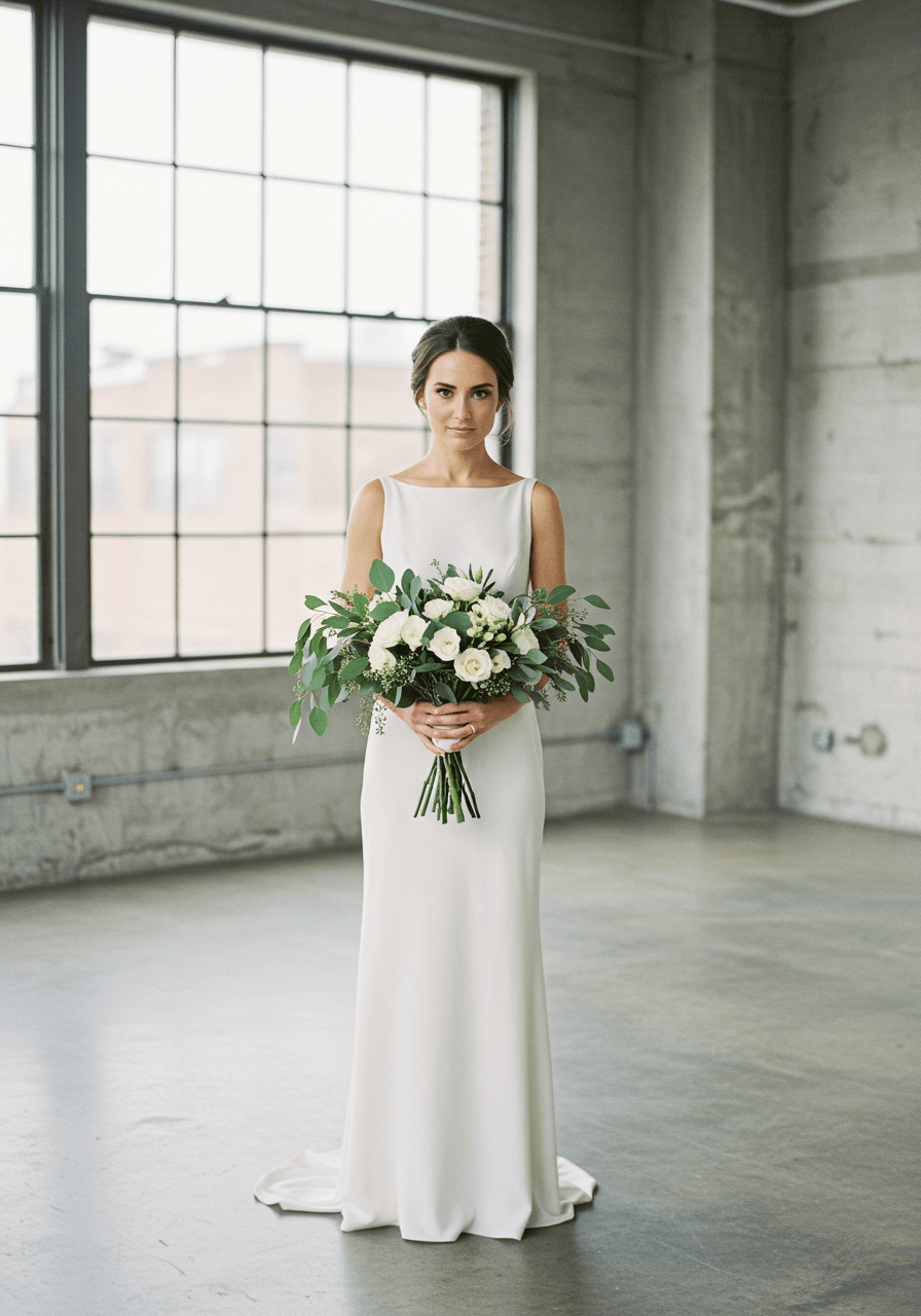Modern bride holding small white and green eucalyptus bouquet in contemporary loft with floor-to-ceiling windows