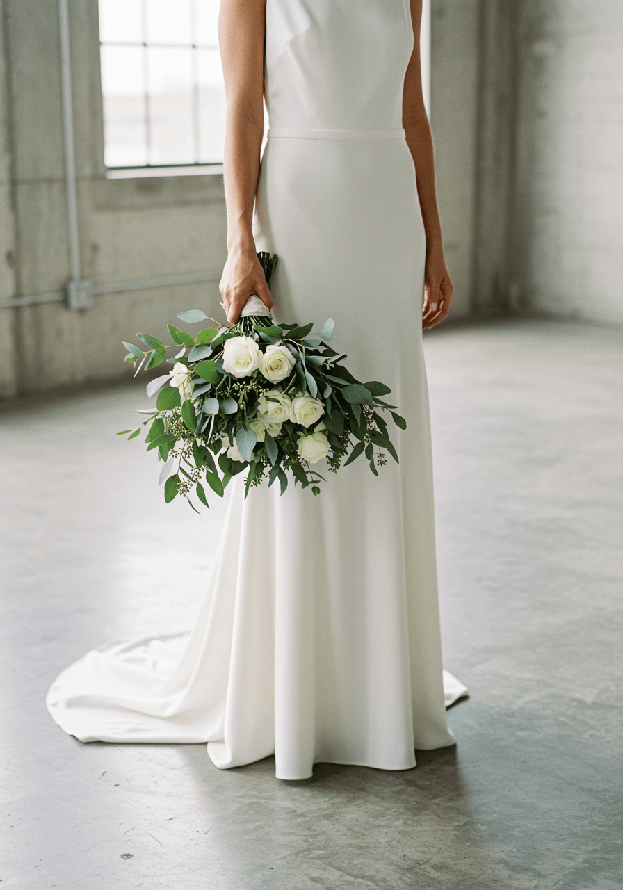Three-quarter portrait of bride with minimalist bouquet in industrial loft featuring polished concrete floors