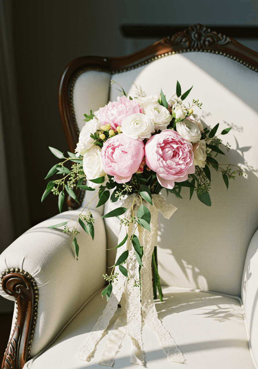 Petite cascading bridal bouquet with flowing ribbon streamers resting on vintage velvet armchair in sunlit bridal suite