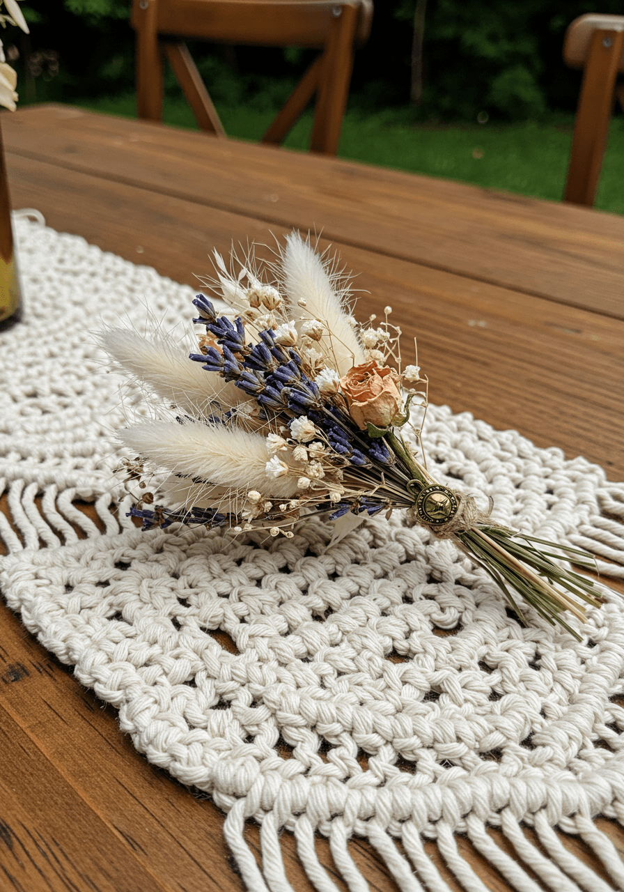 Petite dried flower bouquet with bunny tails and preserved roses on vintage macramé table runner in rustic outdoor setting