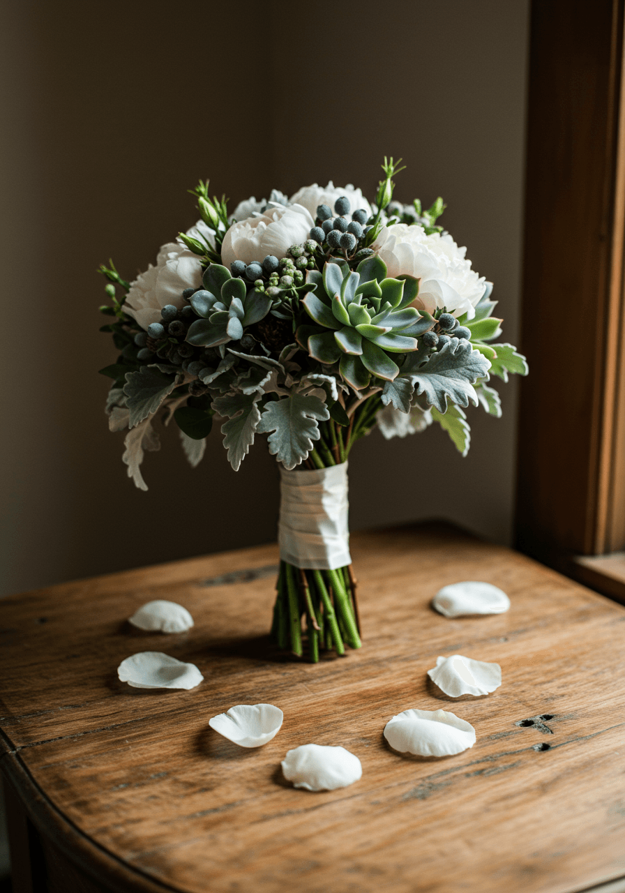 Three-quarter shot of mixed textural bouquet with sage green and ivory tones against weathered wood in natural morning light