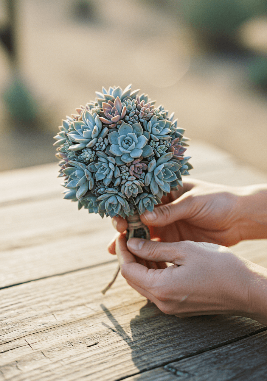 Close-up detail of hands holding petite succulent bouquet with blue-green and dusty rose tones wrapped in leather cord