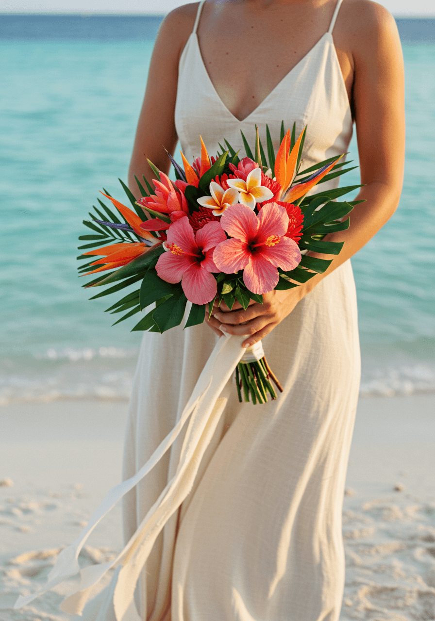 Bride holding small tropical bouquet with hibiscus and bird of paradise flowers on pristine white sand beach during golden hour