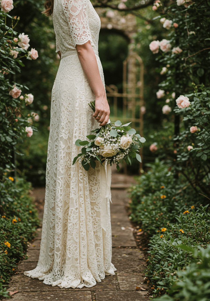 Three-quarter portrait of bride with small vintage bouquet in charming cottage garden setting with weathered stone and antique gate