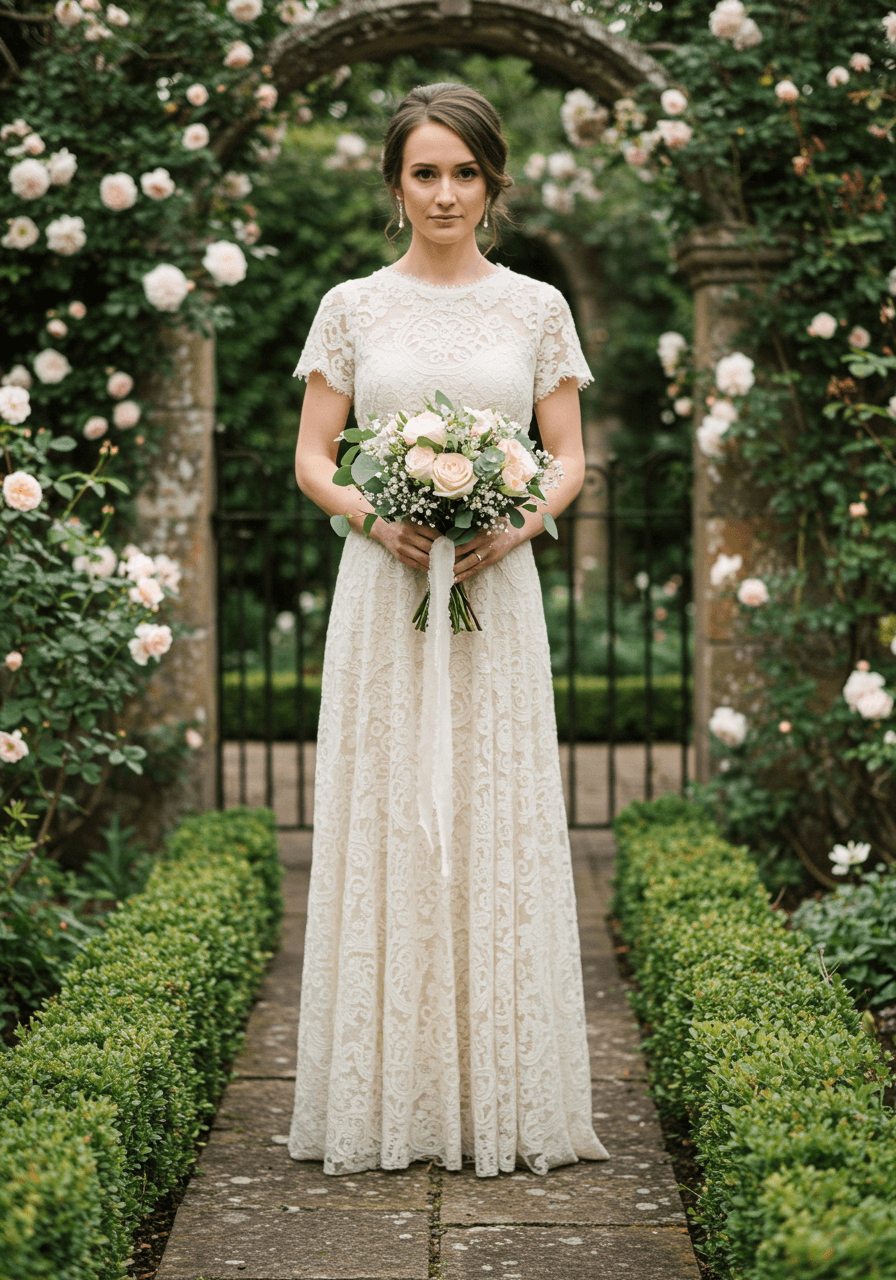 Bride in flowing ivory lace vintage dress holding cream rose bouquet in cottage garden with climbing roses and stone pathways