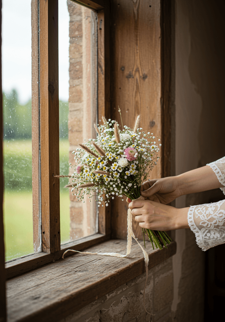 Close-up of hands holding small wildflower bouquet with baby's breath and hemp twine on rustic wooden windowsill