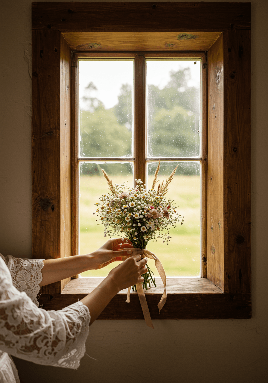Detail shot of loose wildflower arrangement with natural grasses in countryside chapel morning light