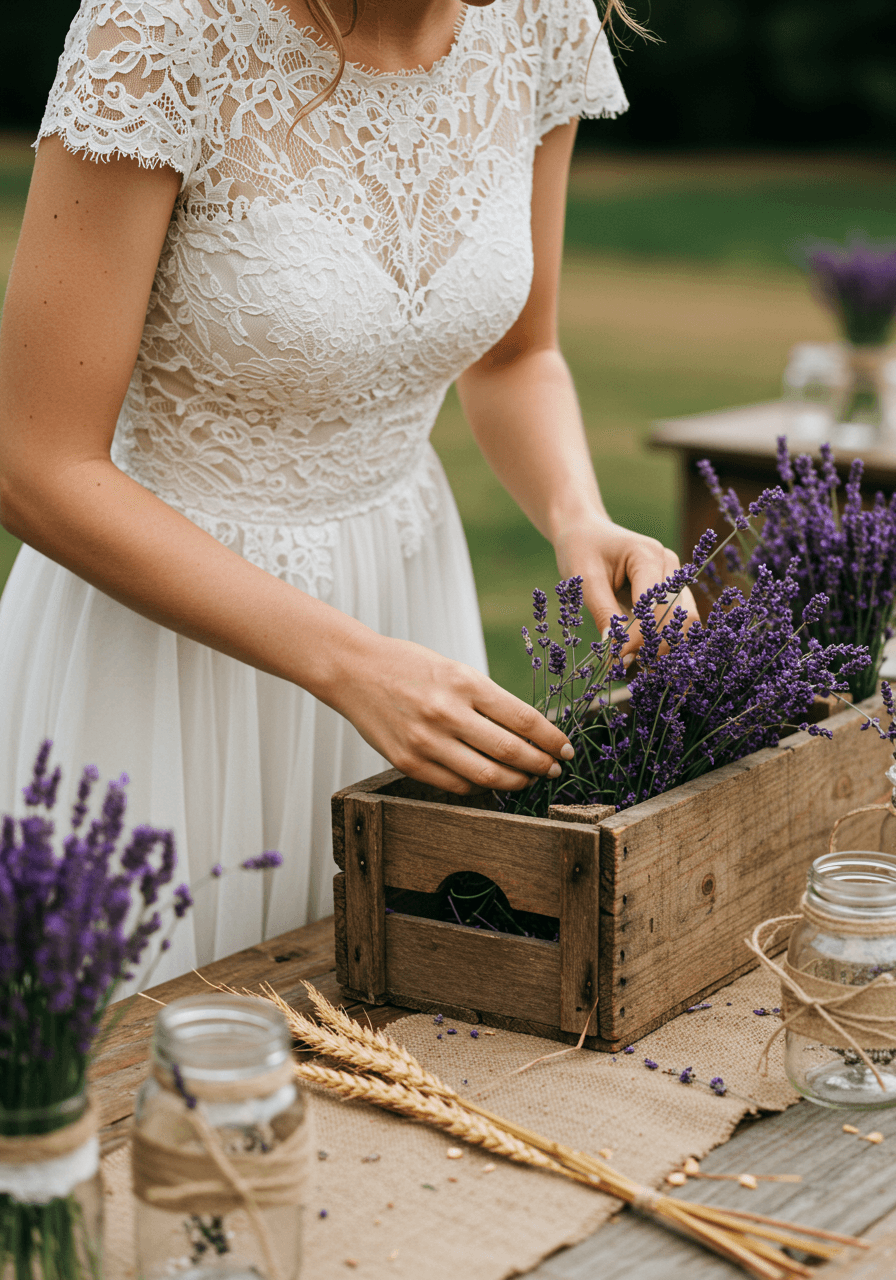 Bohemian bride in lace wedding dress arranging fresh purple lavender stems in rustic wooden crate at farmhouse venue
