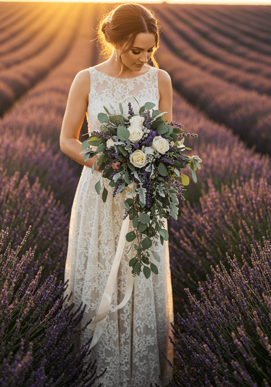Portrait of bohemian bride in lace ivory wedding dress with lavender eucalyptus bouquet in natural field setting