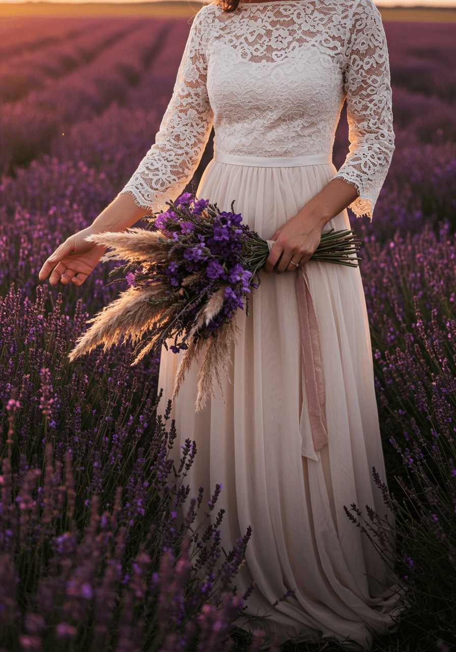 Full length portrait of bride in bohemian lace gown with floral embroidery in purple lavender field during golden hour