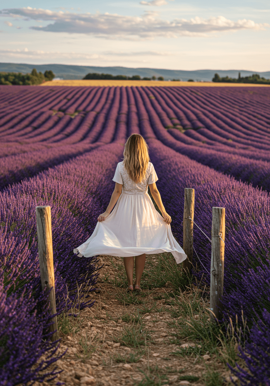 Woman in flowing lavender midi dress standing at edge of expansive Provence lavender fields with rolling hills in background