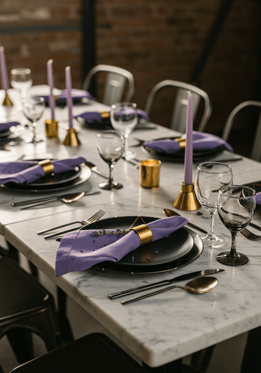 Top-down detail shot of industrial-chic place setting with black dinnerware, brass napkin rings, and fresh lavender on white marble