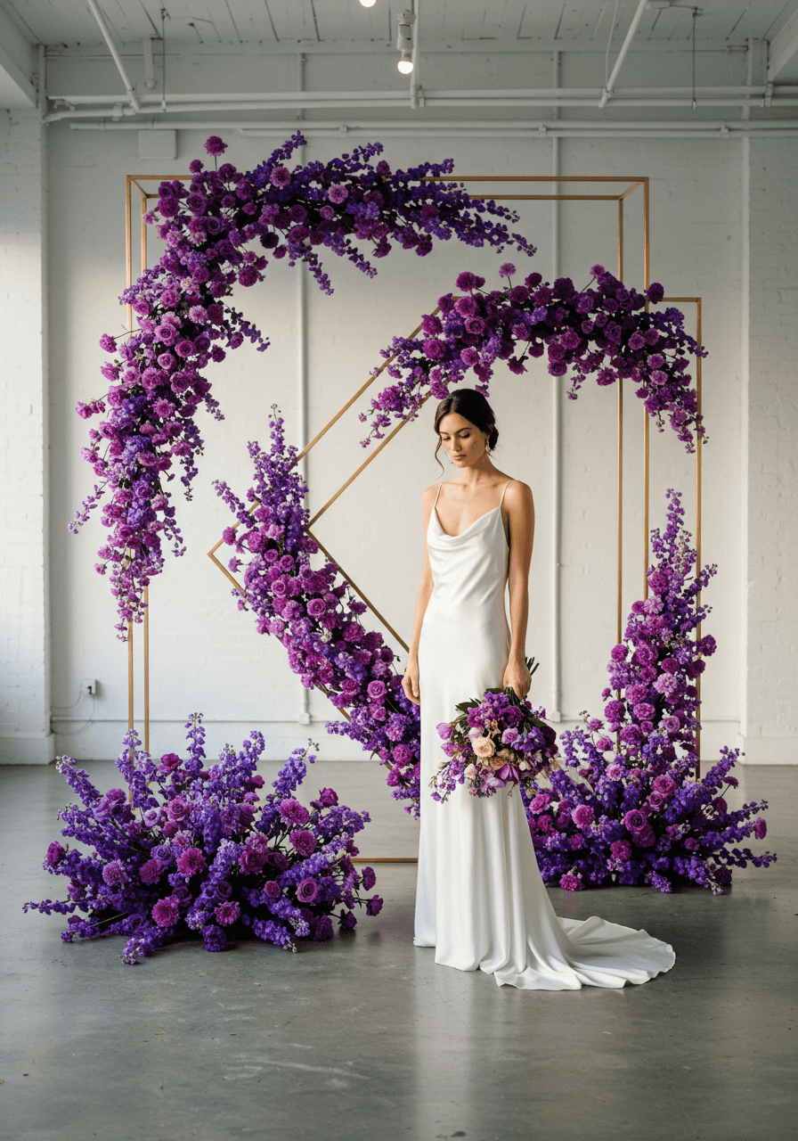 Contemporary bride in clean-lined silk gown with purple gradient flower wall in bright minimalist setting