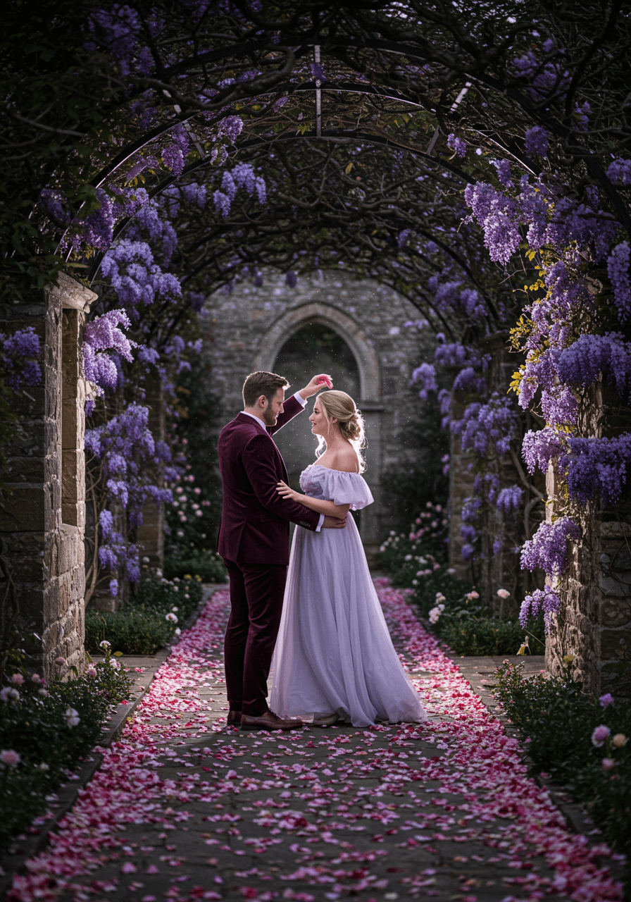 Couple dancing on flower petal-covered stone pathway in moonlit garden maze, bride in lavender dress and groom in deep purple velvet suit