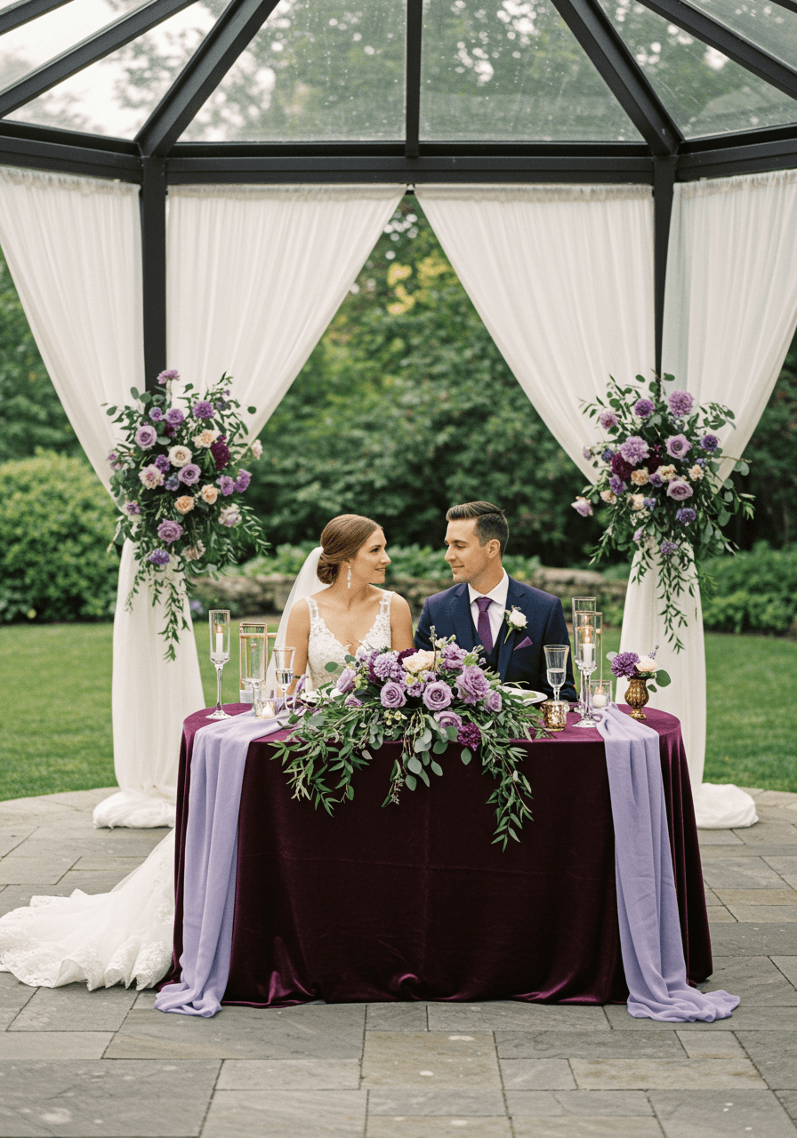Couple at elegant sweetheart table with deep plum linens and lavender floral centrepieces in sophisticated garden pavilion during golden hour