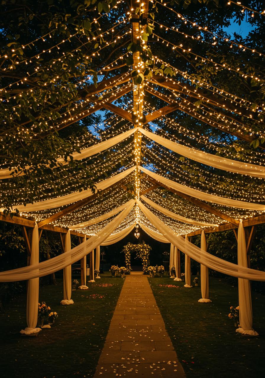 Aerial overview of pergola with comprehensive fairy light canopy installation