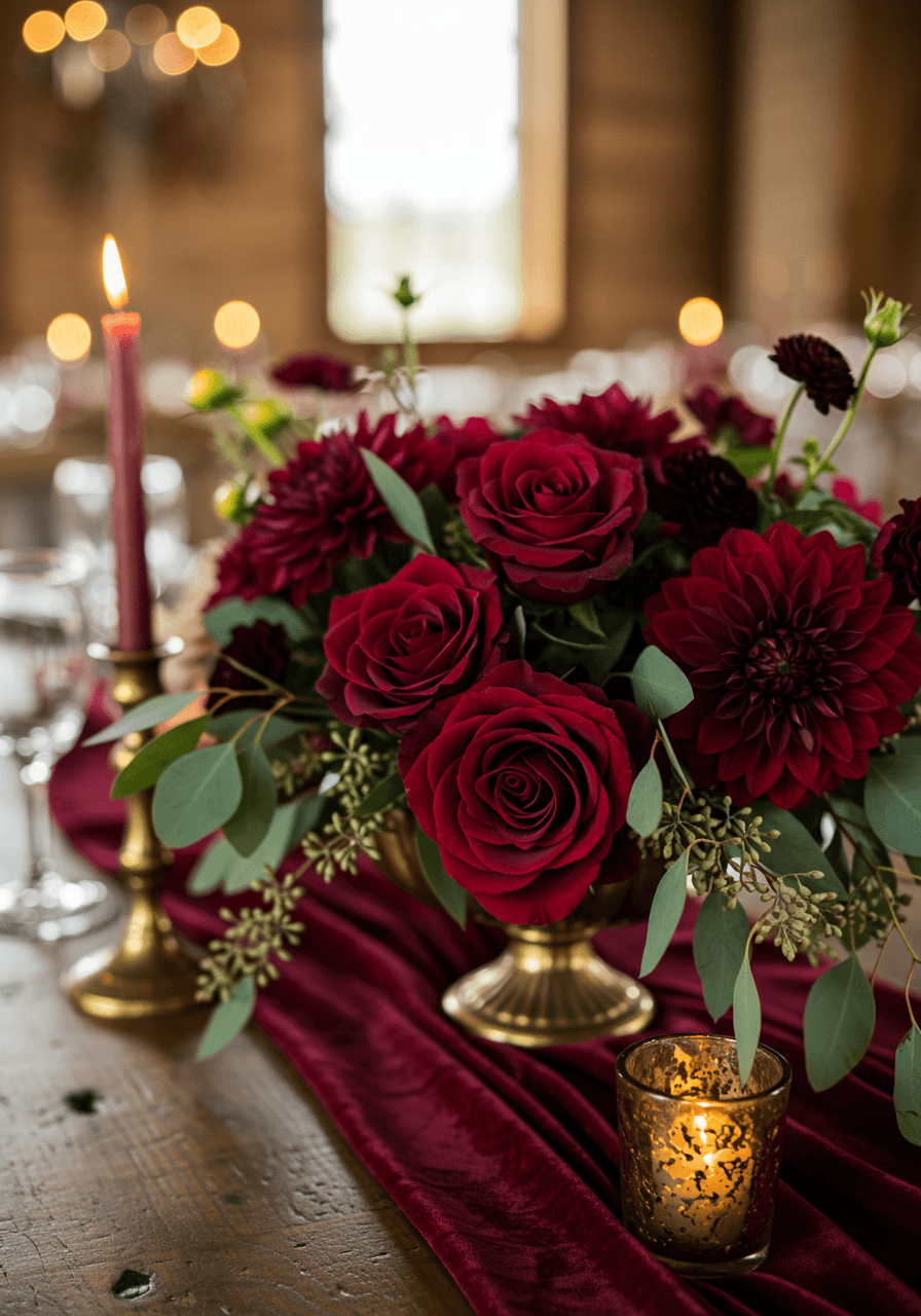 Close-up detail of burgundy rose arrangement with rich textures and romantic lighting
