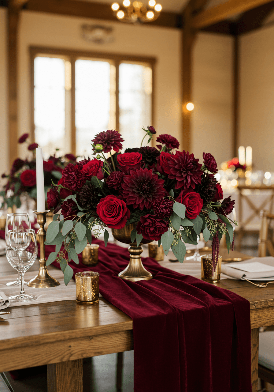 Stunning burgundy and deep red floral centerpiece with roses, dahlias, and eucalyptus on rustic wooden table with golden hour lighting