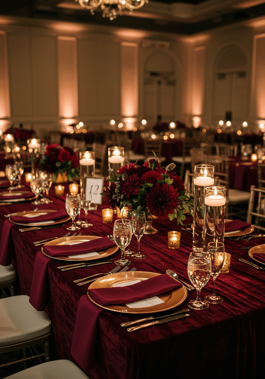 Elegant ballroom reception table with rich burgundy velvet table linens, rose gold charger plates, and crystal glassware