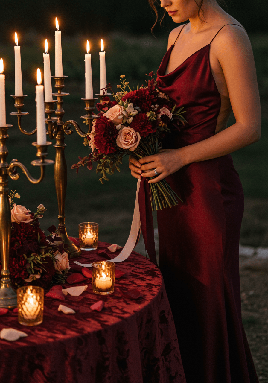 Intimate moment of bride adjusting burgundy silk dress with candlelit vineyard setting in background