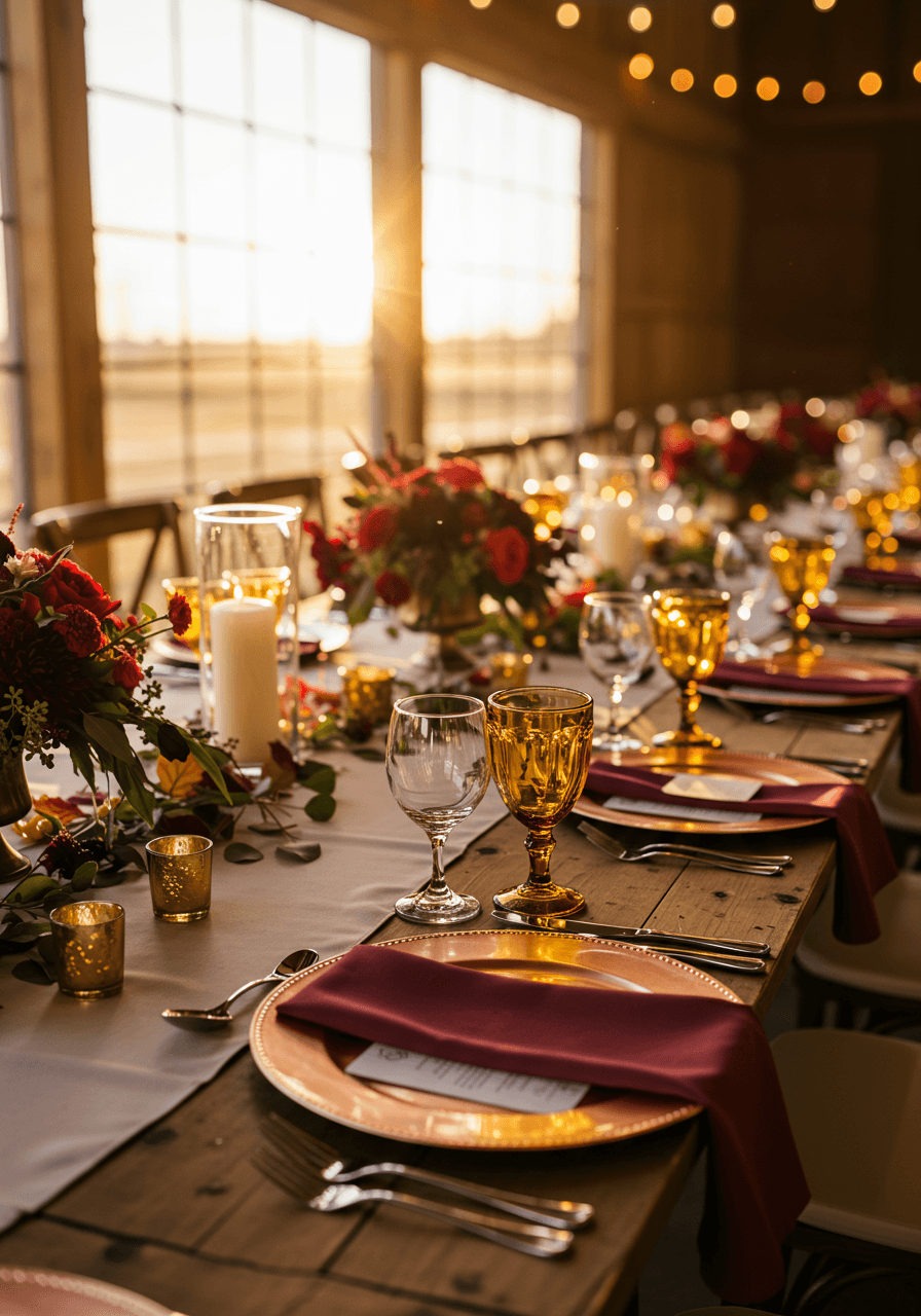 Rustic barn wedding tablescape featuring rose gold charger plates, burgundy napkins, and amber glassware with golden hour lighting