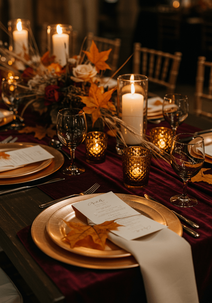 Overhead view of elegant wedding tablescape with layered textures of burgundy velvet, rose gold accents, and autumn foliage