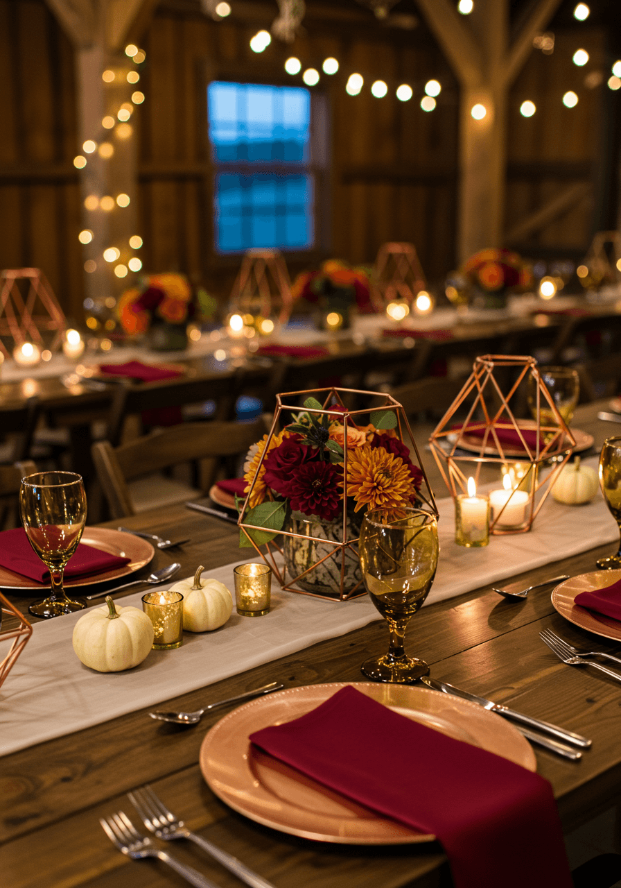 Elegant fall wedding reception on wooden farm table in barn venue with rose gold and burgundy accents
