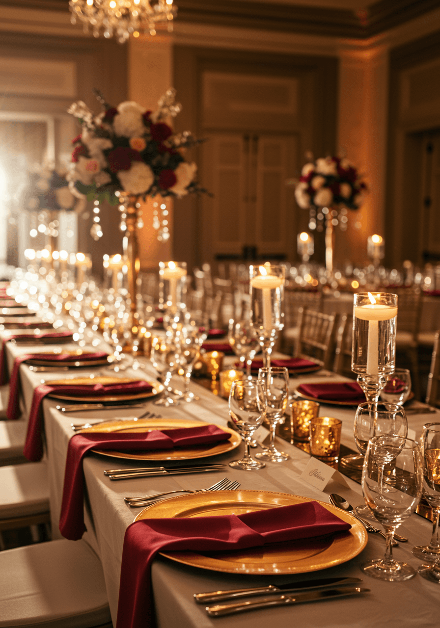Luxurious ballroom wedding reception with rose gold charger plates, burgundy napkins, and crystal stemware on long banquet tables