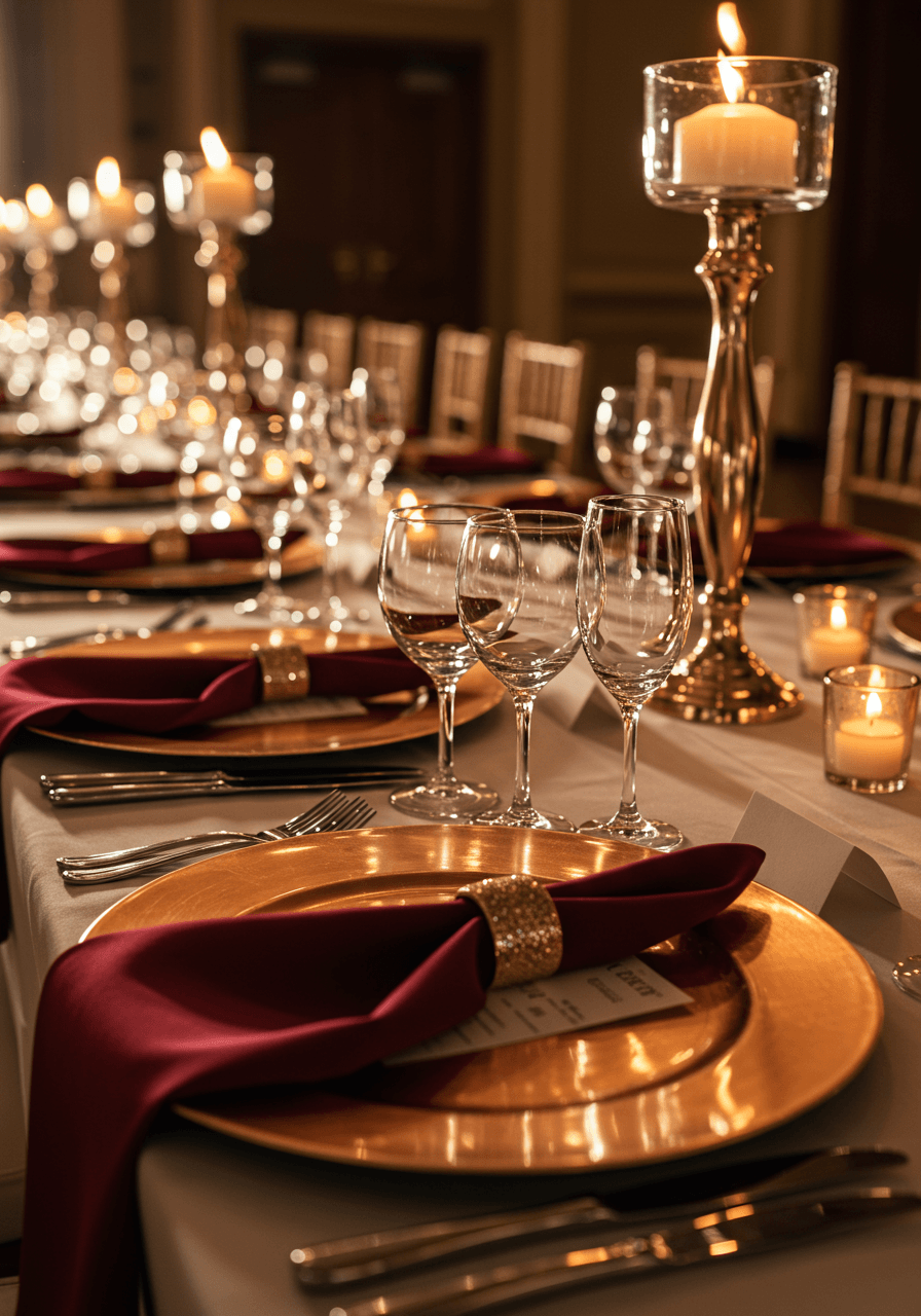 Close-up detail of elegant place setting with rose gold accents and burgundy floral arrangements