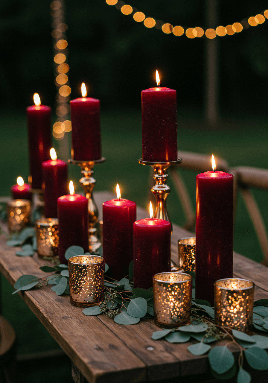 Wide view of romantic garden candle arrangement with fairy lights and eucalyptus garland