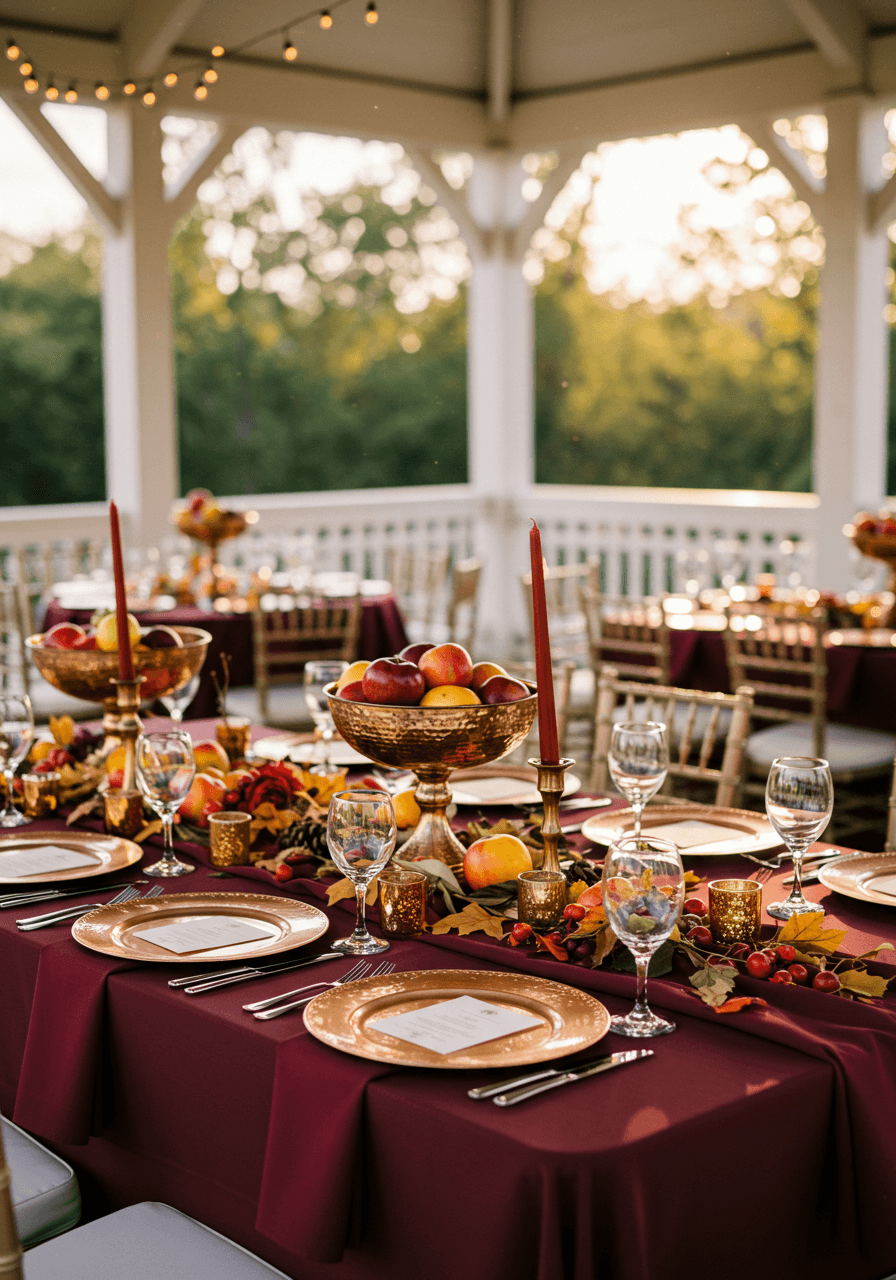 Rose gold charger plates and copper centrepiece bowls filled with autumn fruits on elegant outdoor pavilion table