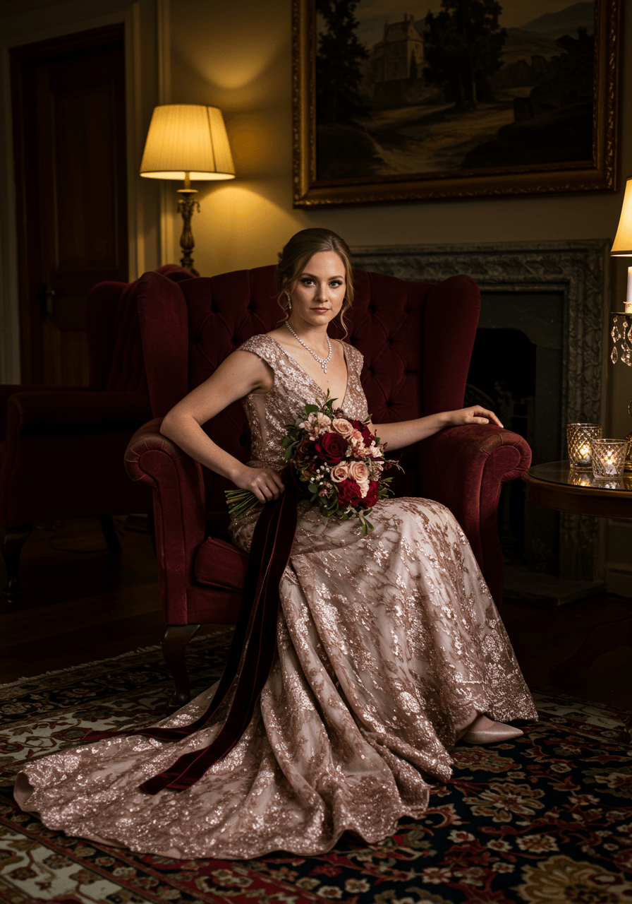 Elegant bride in rose gold gown sitting on burgundy velvet vintage armchair in luxury wedding venue lounge