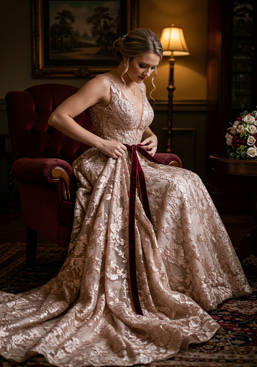 Close-up portrait of bride in burgundy velvet chair with rose gold dress details and crystal accents