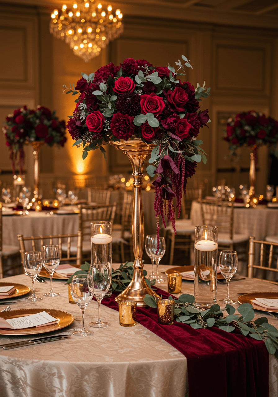 Stunning rose gold centrepiece with cascading burgundy flowers on elegant ballroom reception table during golden hour