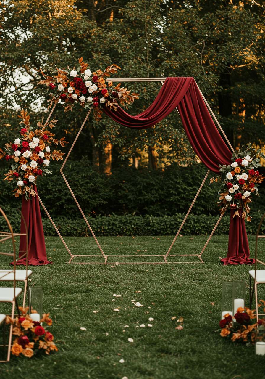 Stunning rose gold geometric ceremony backdrop with burgundy silk draping and ivory florals in outdoor garden setting