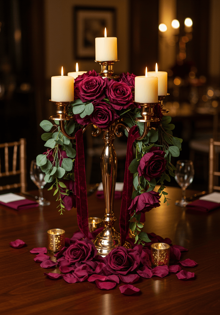 Ornate rose gold candelabra centerpiece with cascading burgundy silk flowers and scattered rose petals on mahogany dining table