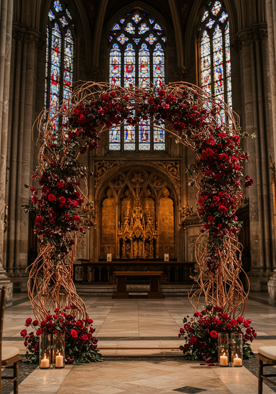 Elaborate wedding ceremony arch made of intertwined metallic branches with burgundy florals in grand cathedral setting