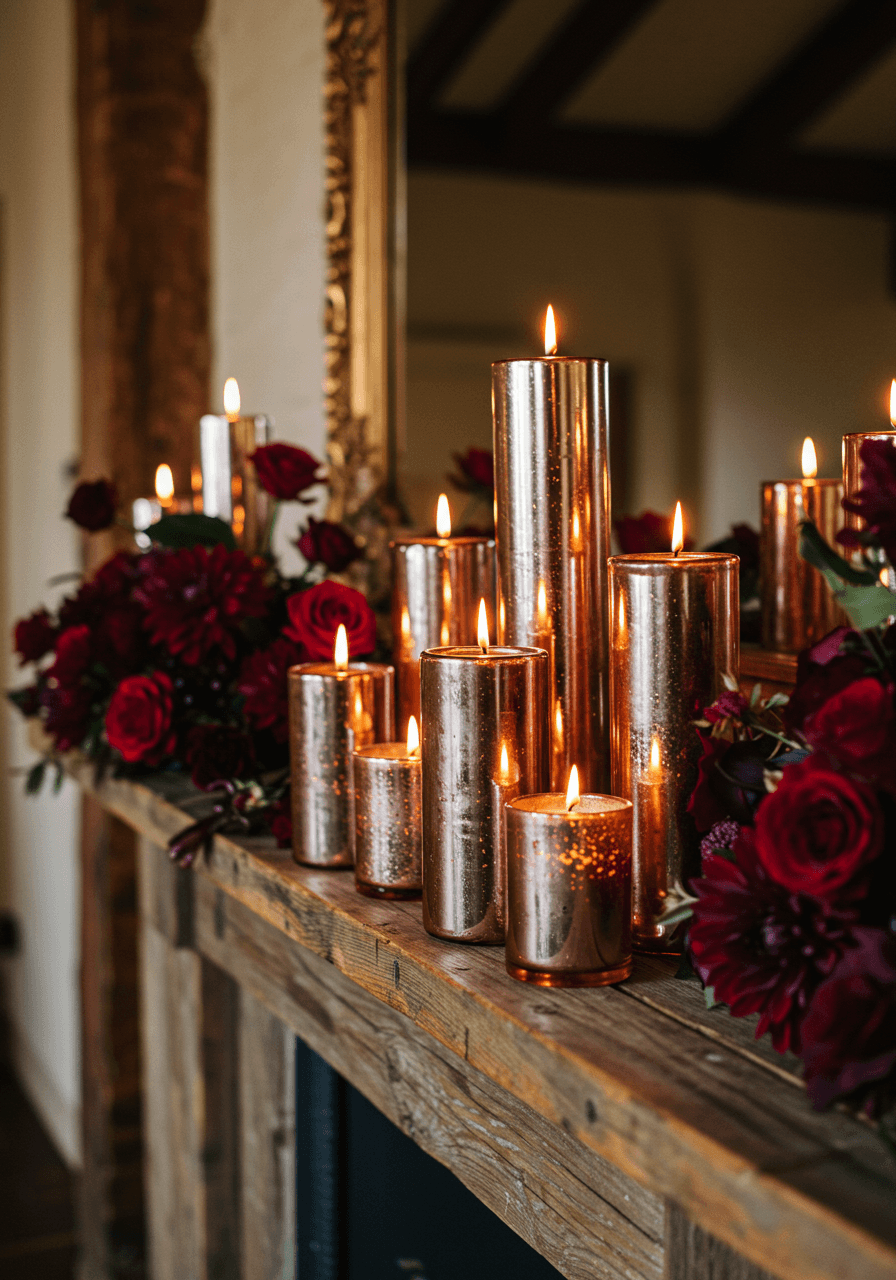 Rose gold pillar candles of varying heights arranged on rustic wooden mantelpiece with burgundy florals and warm candlelight